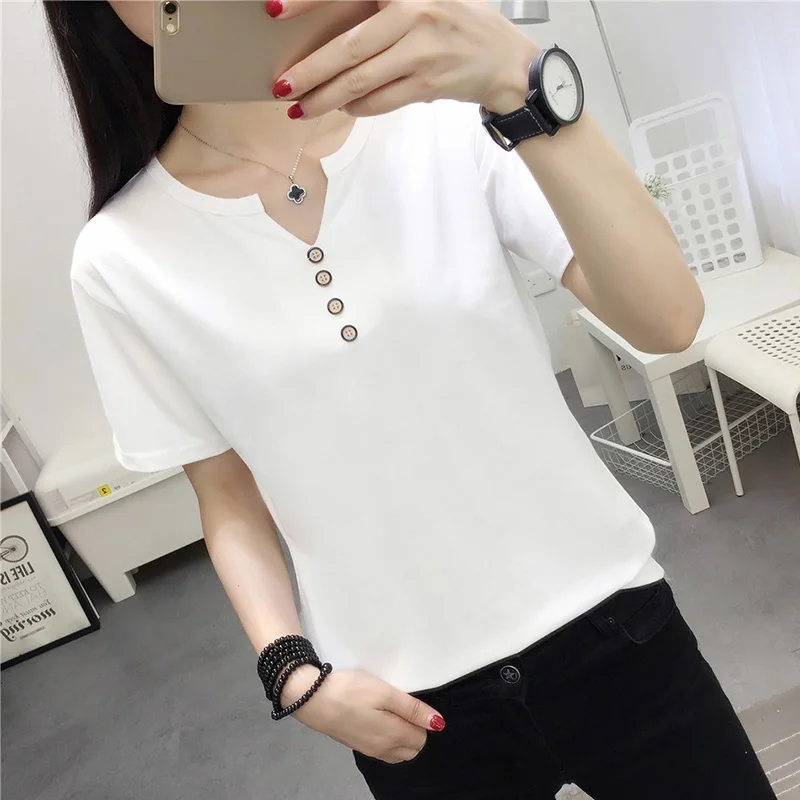 2021 Summer New Arrival Solid Color V-Neck Minimalism Casual All Matched Short Sleeves Women T-shirt | Женская одежда