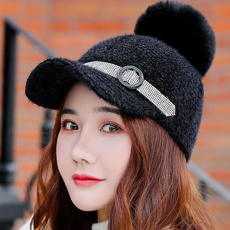 2019 New Winter Fur Pompom Hat For Women Autumn Cotton Knitted Baseball Cap With Pompon Brand Visor Caps Ladies Skullies Beanies |