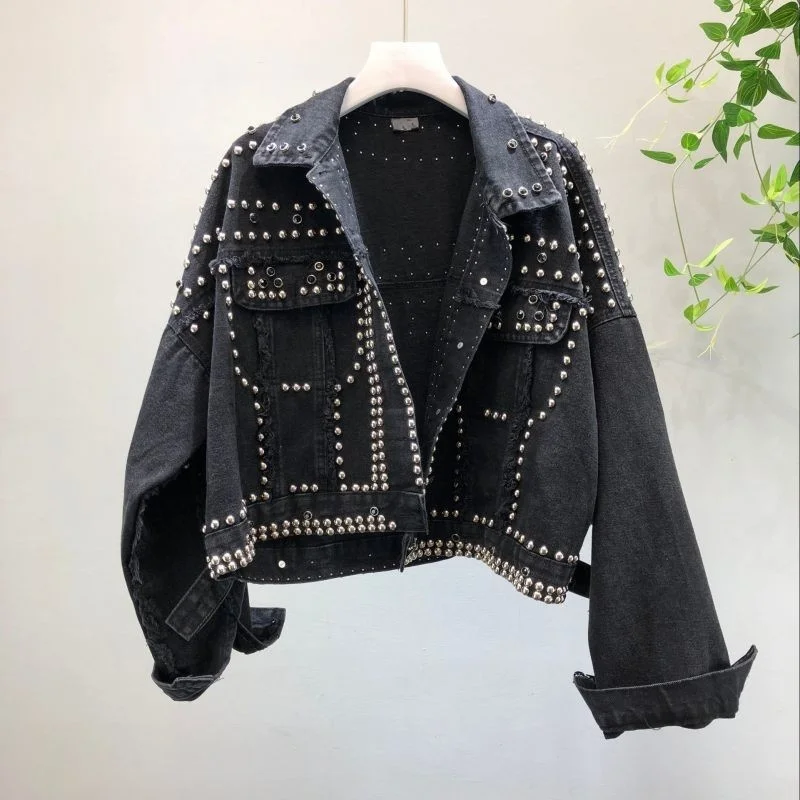 

Tassel New Rivet Denim Jacket Women Diamonds Beaded High Quality Short Jean Coat Female Lapel Loose Fit Overcoat Autumn Hot Sale