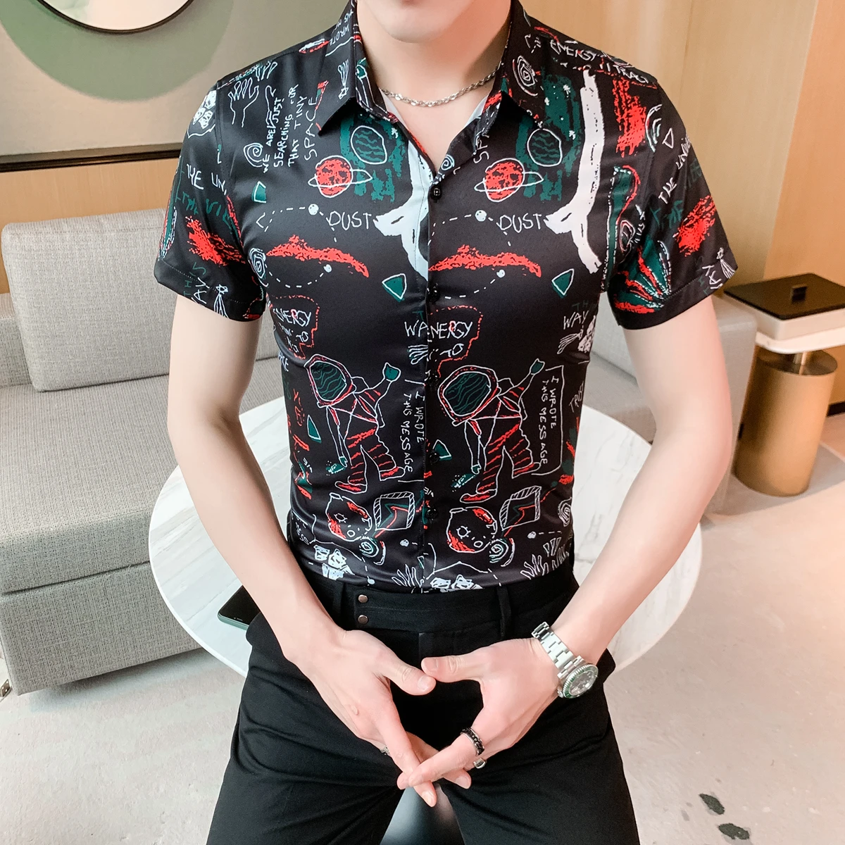 

Business Social Streetwear Shirts Camisa Masculina 5XL New Summer Short Sleeve Shirt Men Print Slim Fit Casual Dress Shirts Mens