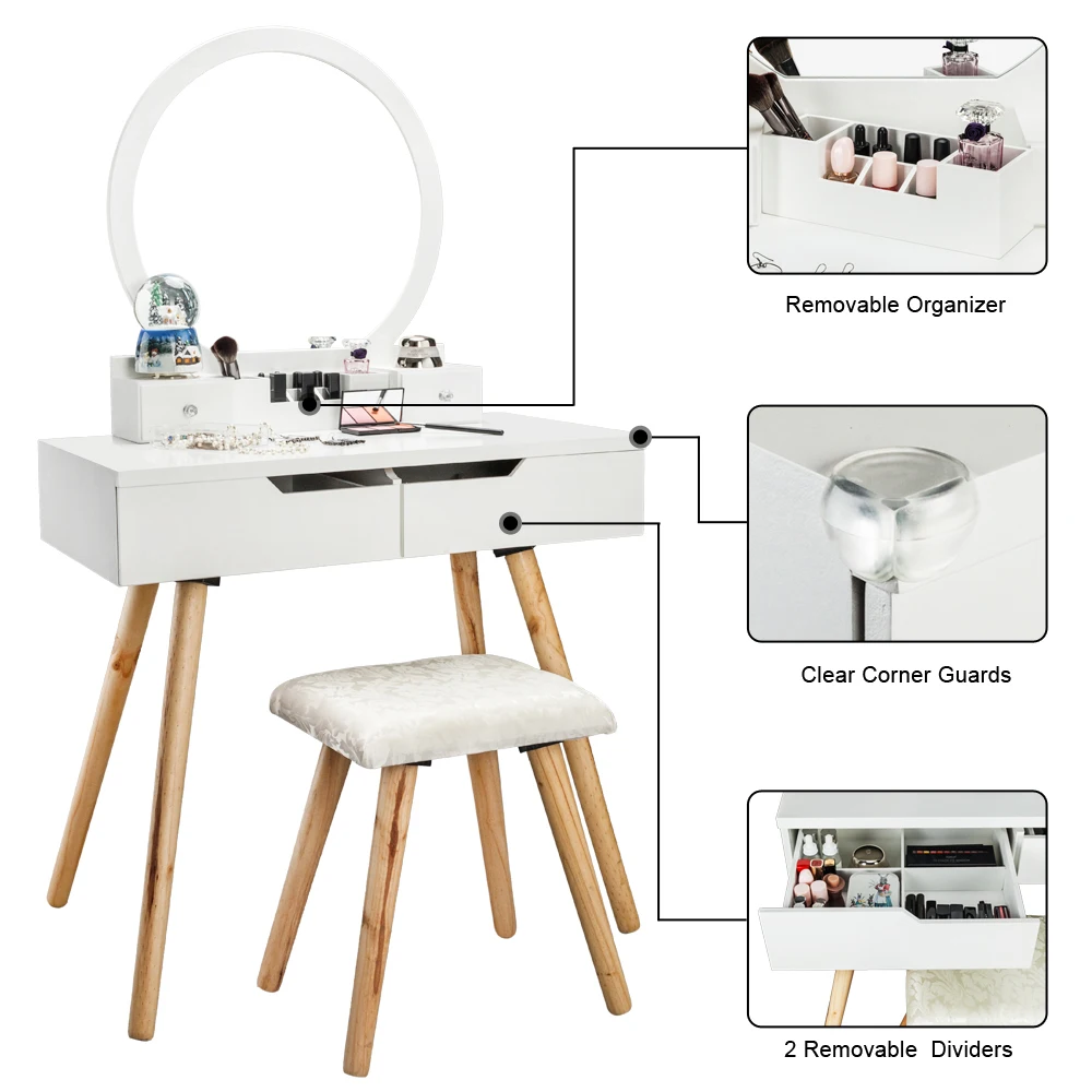 

BUYTOO Dressing Table with Single Round Mirror & 4 Drawers White