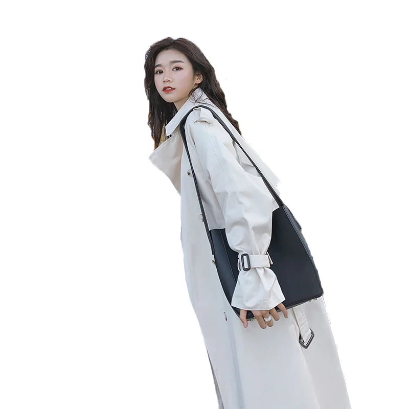 

Basic Essential Loose Waist Over Knee Mid-length Women Long Coat Female Office Simple Premium Turndown Collar Vintage Trench