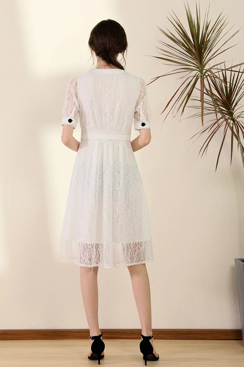 

2021 Spring Summer New White Color Long Skirt Women's French Elegant Midi Skirts Ladies Contrast Dress Button Lace Maxi Dresses