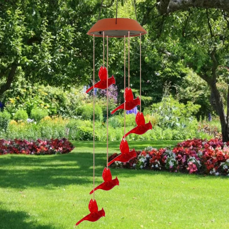 

Solar Cardinal Red Bird Wind Chime Wind Moblie LED Lamp Hummingbirds Color Changing Waterproof LED Solar Wind Chime Lamp