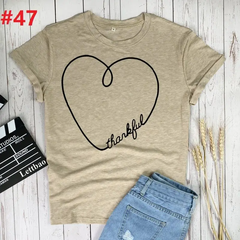 

Thankful Heart Print T-shirts Women T Shirt Tops Women Casual Shirt Femme Tee Korean Summer Clothes for Women Ropa Para Mujer