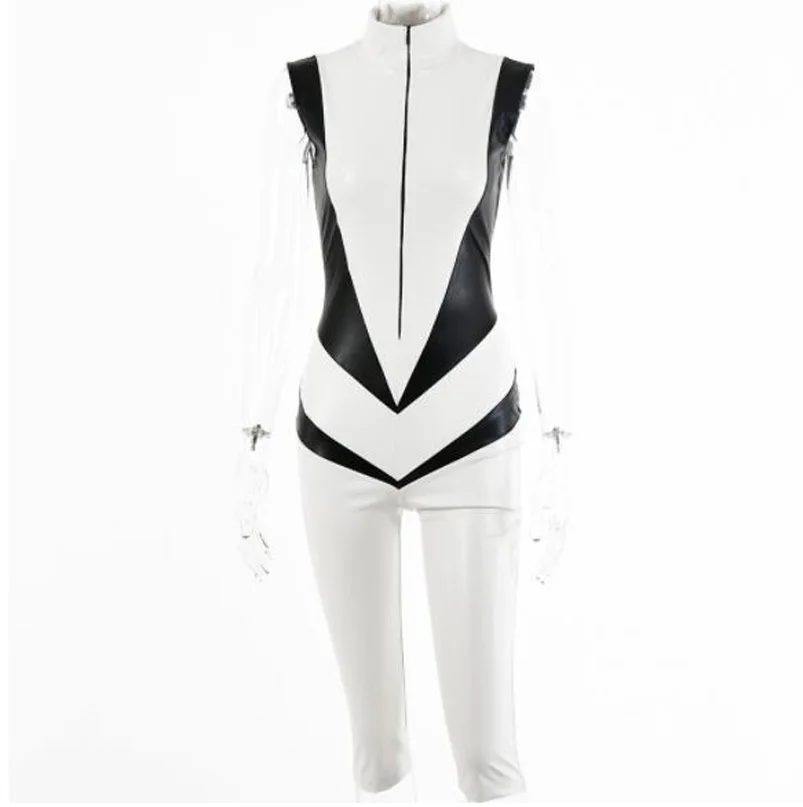 

Cultiseed Women New Sexy Black And White Color Patchwork PU Leather Playsuits Female Zipper Slim Hip Sleeveless Jumpsuit Rompers