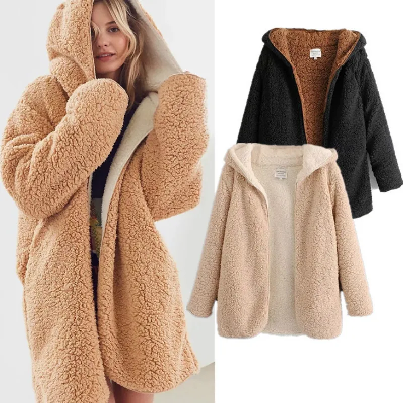 

Warm Bomber Reversible Soft Fleece Hooded Lamb Fur Jacket Double Sides lambswool Coat Vintage hooded Parka Outwear Coats