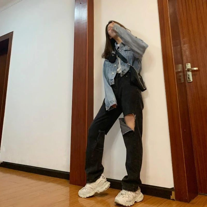 

5XL plus size 2021 street autumn korean vintage women loose ripped denim jeans womens black high waist straight jeans for women