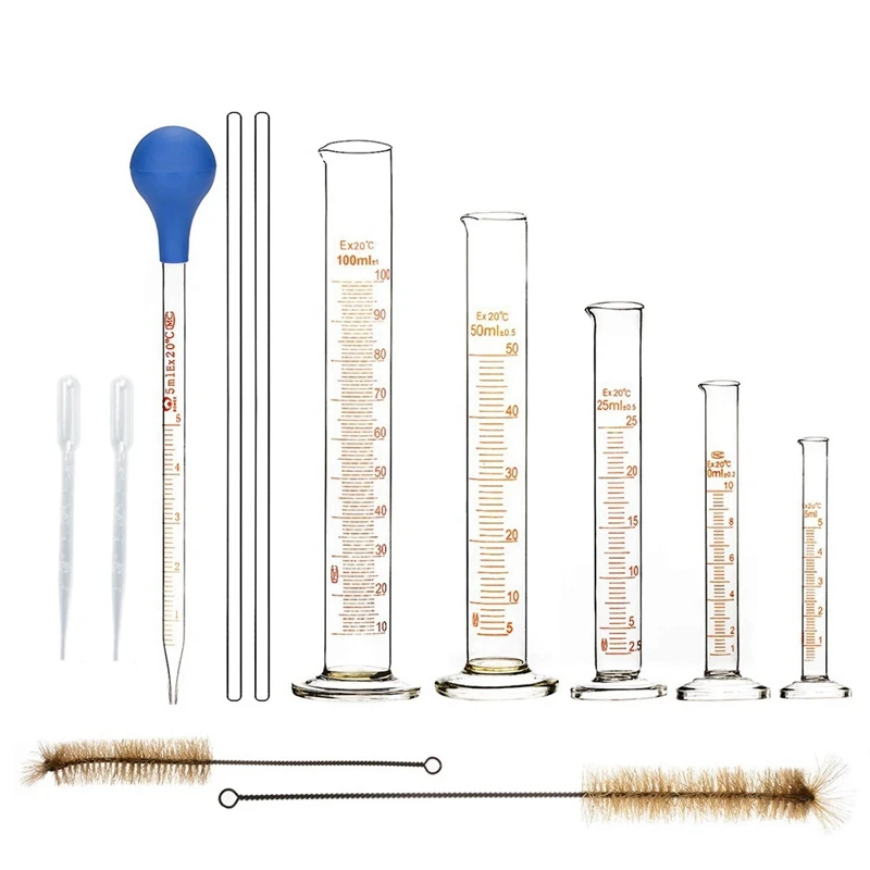 

Graduated Cylinder Set,Borosilicate Glass Measuring Cylinders In With Pipettes/Stirring Rods/Clean Brush