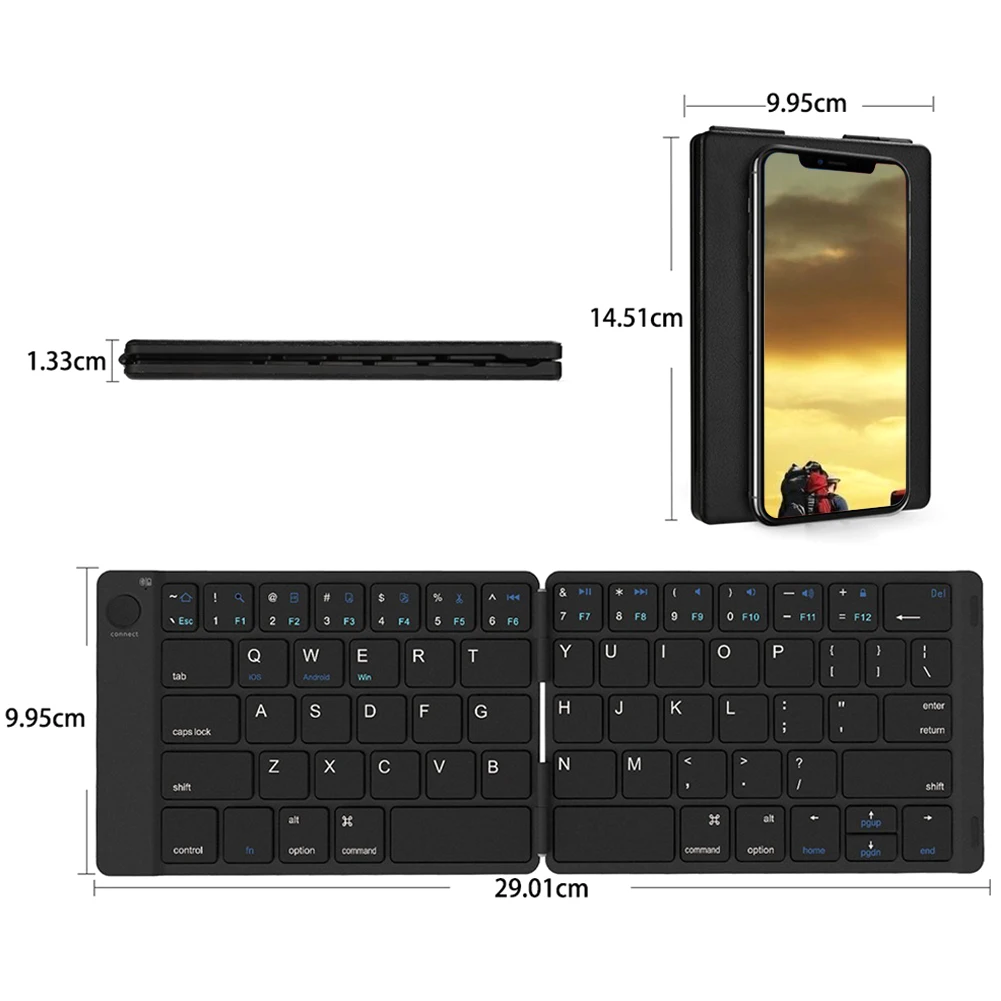 

Universal Wireless Bluetooth Keyboard Rechargeable Desktop Black Portable Outdoor Foldable Pocket Size Leather Cover For IOS