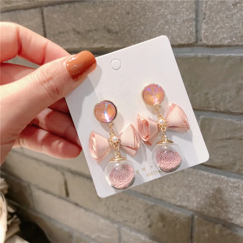 Женские серьги подвески в Корейском стиле розовые и синие с стеклянным шариком