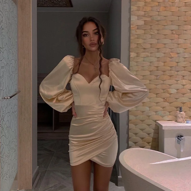 

Square neck puff sleeve dress female party satin pleated hip dress
