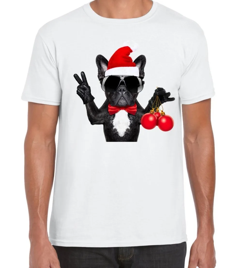 

2020 new fashion summer New Design Cotton Male Tee Shirt Designing French Bulldog With Christmas Baubles Men's T-Shirt Tee