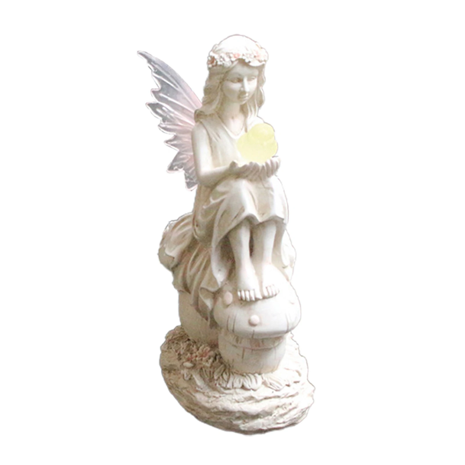 

Newly Solar Fairy Garden Statue Handmade Resin Elf Ornament with LED Light Sitting Genie Holding A Lighting Bird for Outdoor
