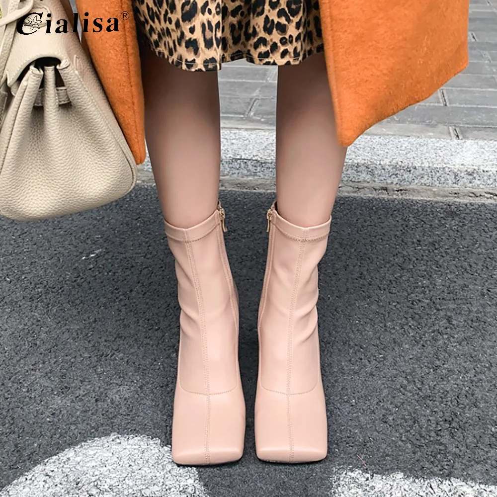

CIALISA Women Shoes 2020 Fashion Square Toe Ankle Boots New Design Genuine Leather High Heel Zipper Autumn Winter Ladies Boots