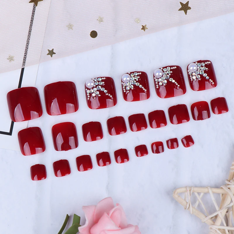 24 шт. искусственные ногти серебристо красные стразы с клеем Летние красивые