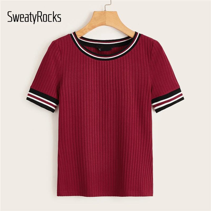 SweatyRocks бордовая полосатая трикотажная футболка в рубчик уличный с короткими рукавами футболки летняя повседневная одежда для активного отдыха женские футболки