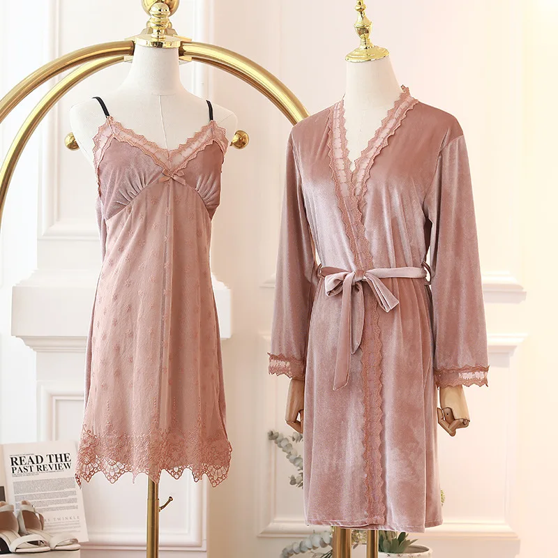 

Autumn New Women Robe Set Velour 2PCS Sleepwear Lace Patchwork Nighty&Robe Set Sexy V-neck Bathrobe Gown Home Dressing Gown