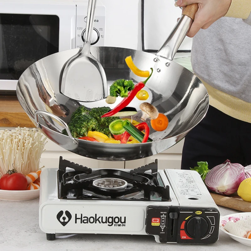 

Chinese traditional wok Stainless steel cookware Uncoated non-stick pan Beech Handle Use for Kitchen Restaurant Gas stoves