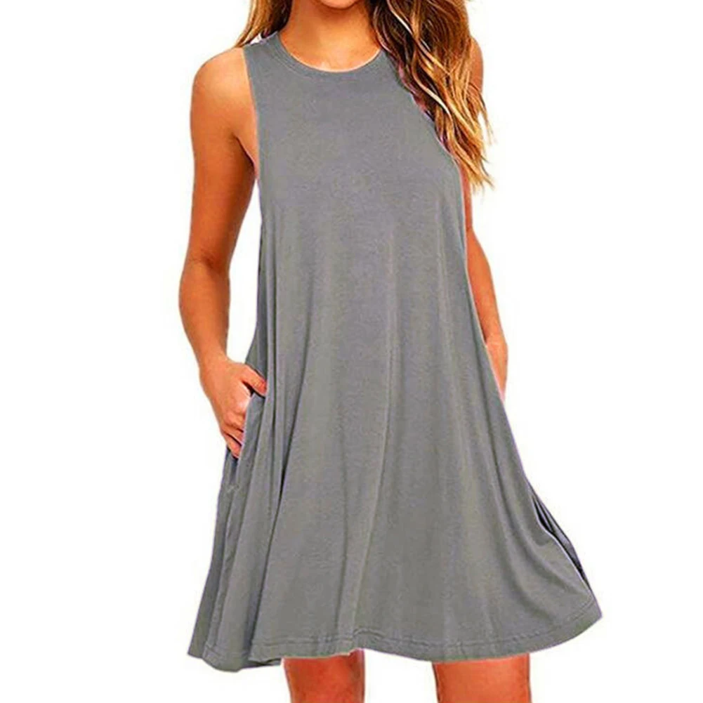 

A Line Summer Daily With Pockets Pullover Crew Neck Sleeveless Women Dress Travel Casual Knee Length Large Swing Solid Color