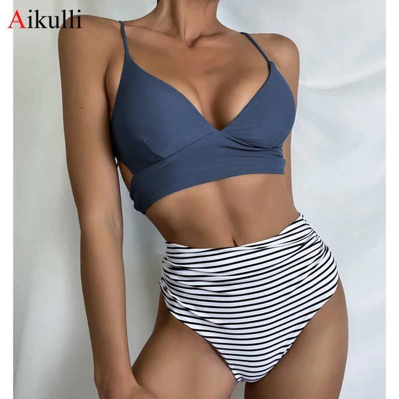 

New Striped High Waist Bikini Swimsuit Women V-neck Lace High Leg Bikini Set 2021 Summer Swimwear Female Beach Swim Bathing Suit