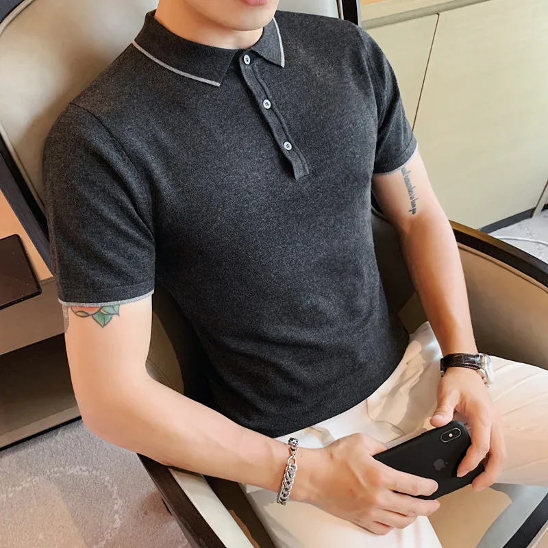 

British Style Summer Solid Short Sleeve Knitted Polo Shirt Men Clothing 2021 Simple Business Slim Fit Casual Polos Homme 3XL-M