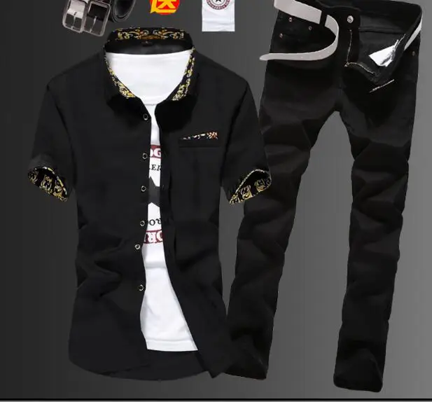 Весна и лето мужская Корейская тонкая рубашка с коротким рукавом джинсовые брюки