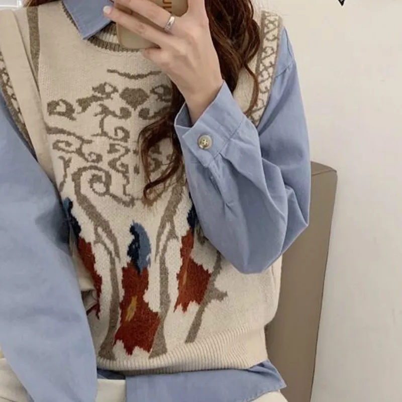 

Sweater Vest Women Korean Style Loose Leisure Elegant Tender Popular V-Neck Printed College Elegant Leisure Female Streetwear