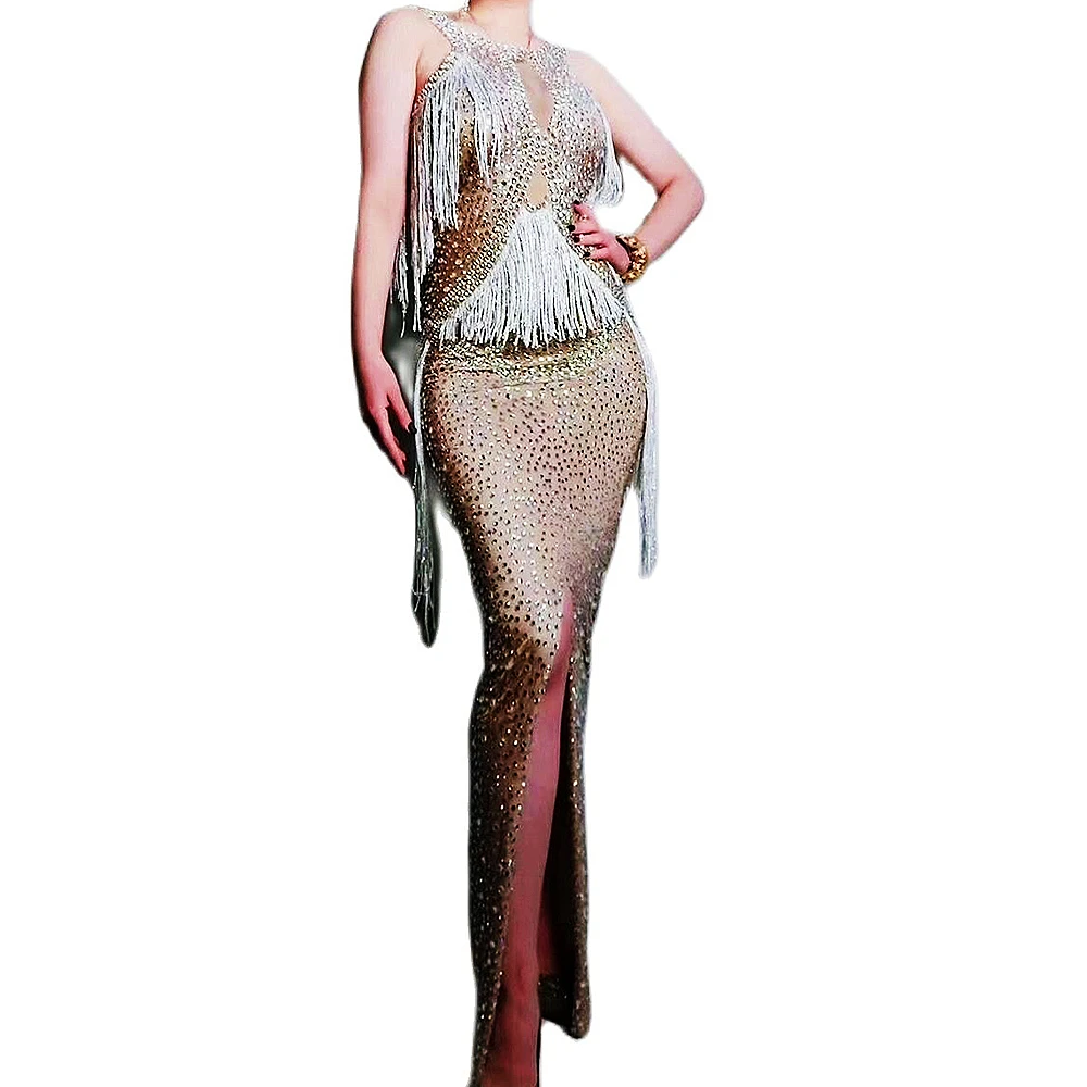 

White Tassel Diamonds Women Sleeveless Dresses Skinny Stretch Nightclub Singer Stage Dress Performance Wear Birthday Prom Dress