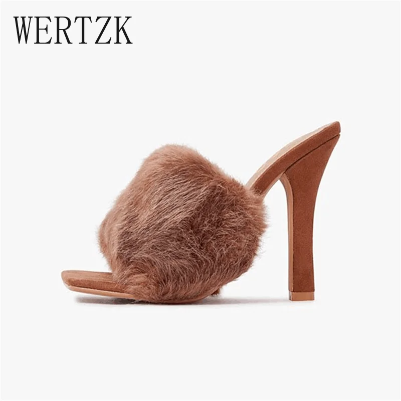 Женские мюли с мехом летние шлепанцы на высоком каблуке перьями и квадратным