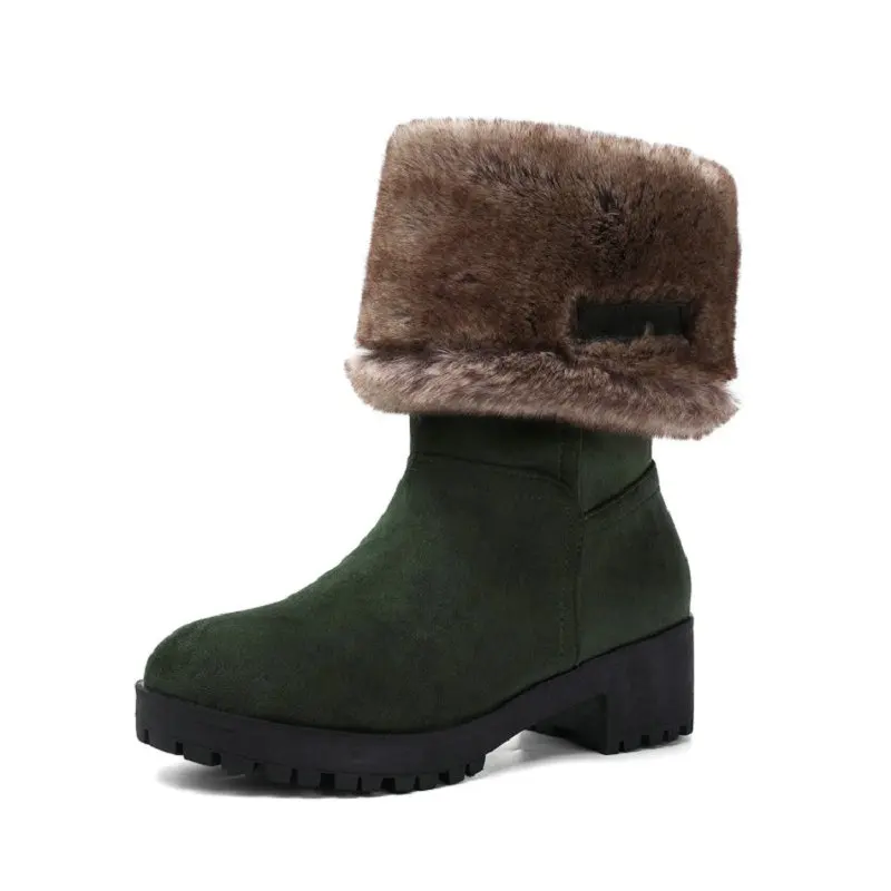 

ZawsThia 2020 winter faux fur plush warm woman shoes round toe platform chunky square mde heels green black women snow boots