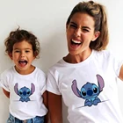 Семейная Одинаковая одежда, повседневная футболка, летние детские топы с принтом Лило и Ститч, модная футболка с коротким рукавом в стиле Харадзюку, популярный вид