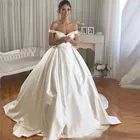Свадебные платья с открытыми плечами, бальное платье невесты, со шлейфом, с пуговицами сзади, простой сатин