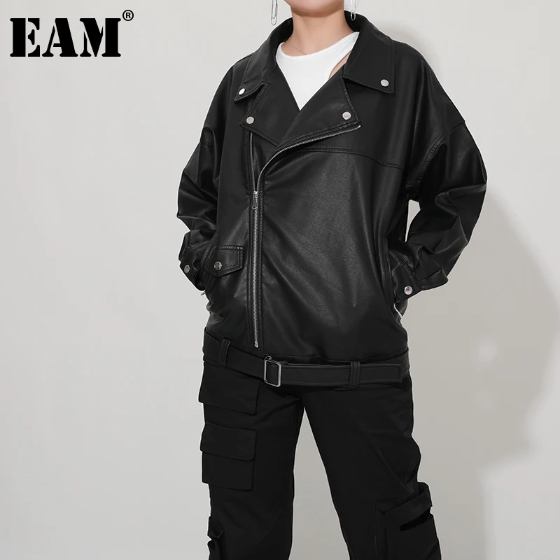 

[EAM] Loose Fit Black Pu Leather Big Size Casual Jacket New Lapel Long Sleeve Women Coat Fashion Tide Spring Autumn 2022 LA938