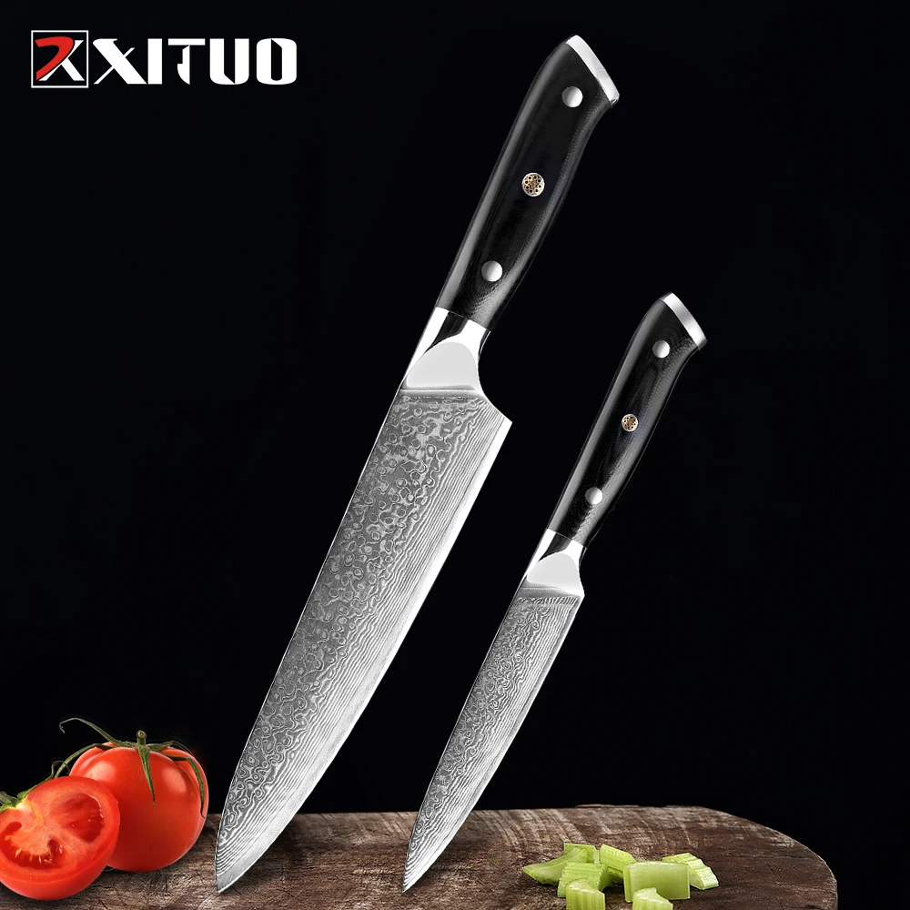 XITUO Damascus Chef Knife 2 PCS Kitchen Knives Set 67 Layer Japanese VG10 Damascus Steel Knife Santoku Cleaver Utility Tool Gift