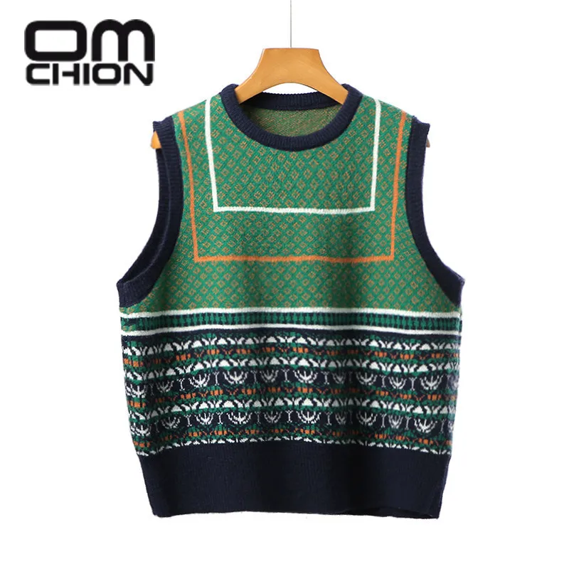 

OMCHION Vintage Waistcoat 2021 Spring New O Neck Printed Sweater Vest Women Casual Loose Korean Student Vest Knit Tops BN73