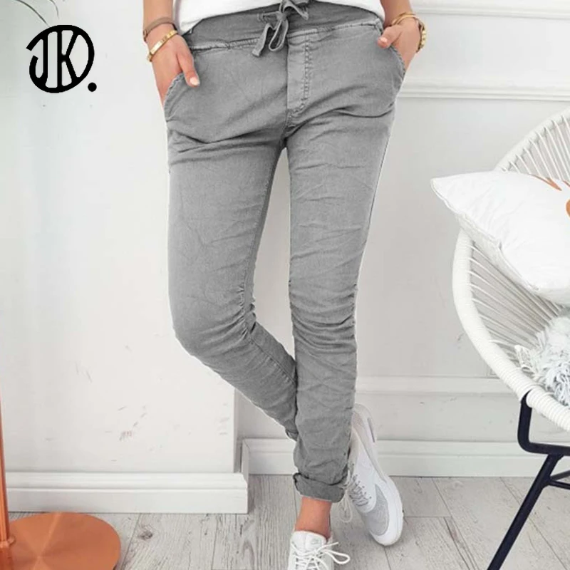

Fashion Slim Pants Ladies Pockets Casual Stretch Running Pant Large Size Pure Color Feet Trousers Skinny 2XL Comfy Women Trouser