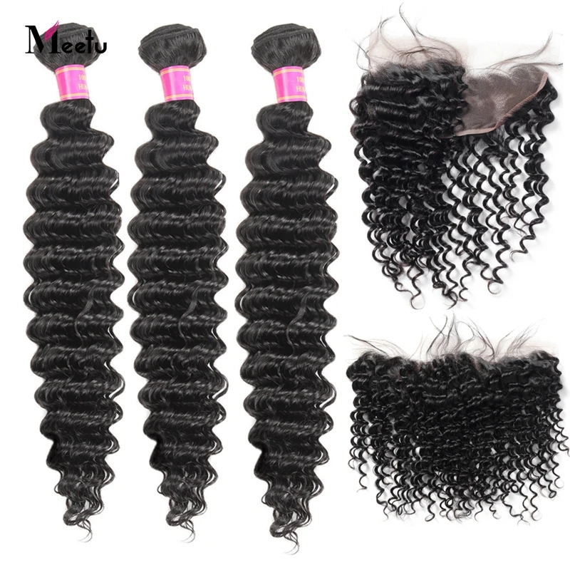 Meetu глубокая волнистая пряди с фронтальной малайзийской волос 3 застежкой 100%