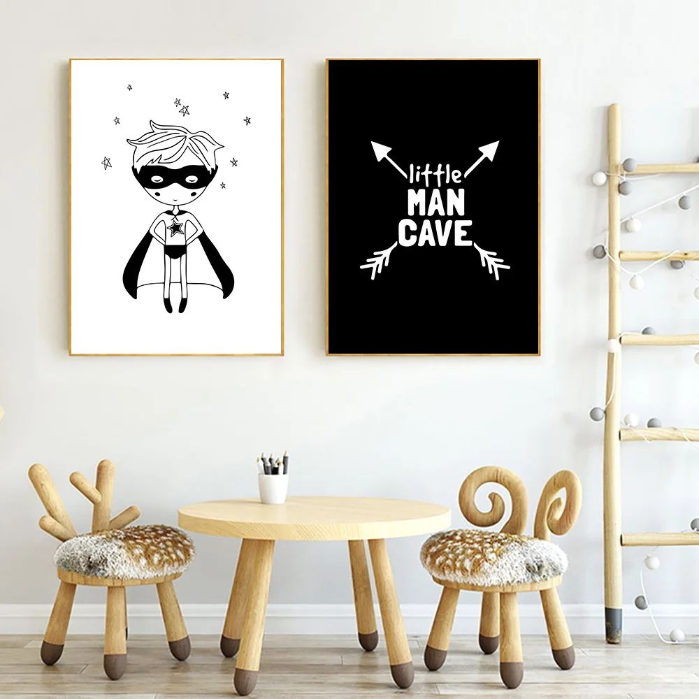 Мультфильм маленький человек скандинавский плакат черно-белая печать картина