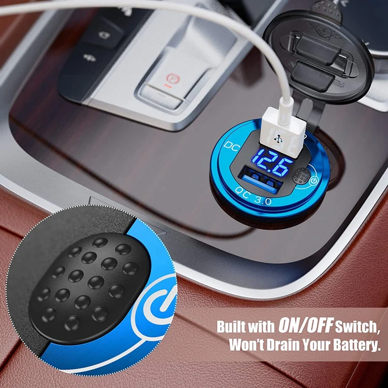 

Quick Charge 3.0 Dual USB Car Charger with Voltmeter & Switch,36W 12V Outlet Charger for Car Boat Marine ATV Truck
