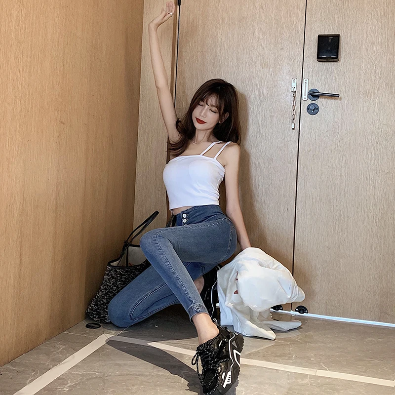 

JXMYY Autumn new product fashion chic tight-fitting stretch thin high-waist washed jeans nine-point pants women