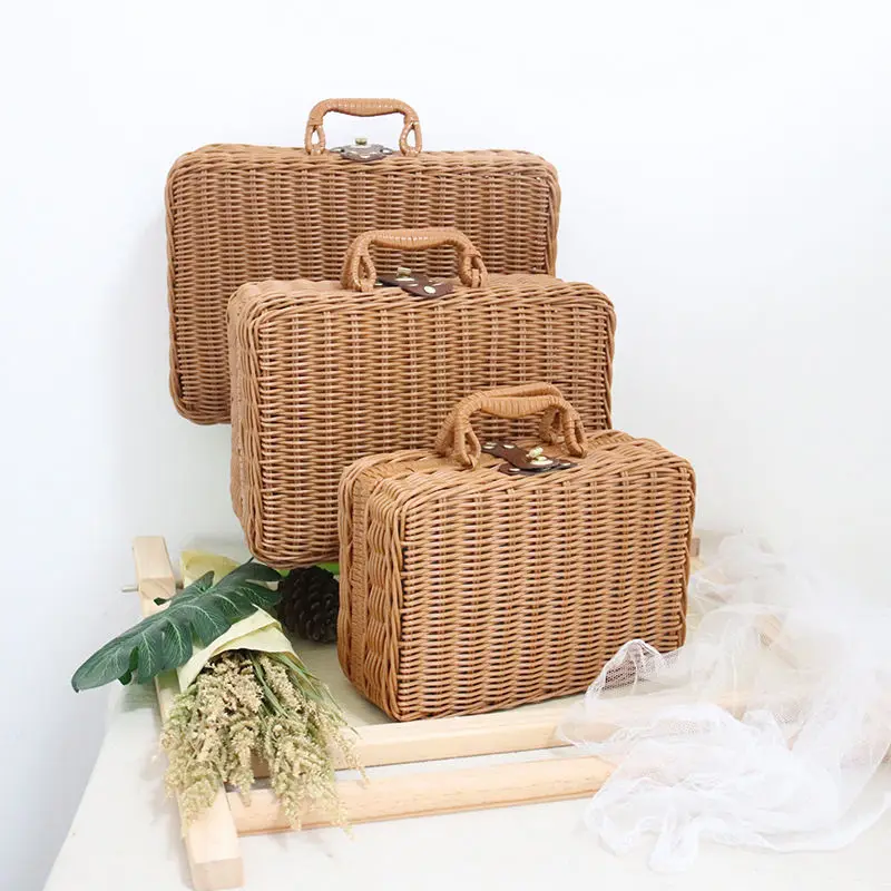 

Portable Vintage Handmade Rattan Woven Storage Case Suitcase Sundries Organizer Box Makeup Travel Picnic Luggage Basket Supplies