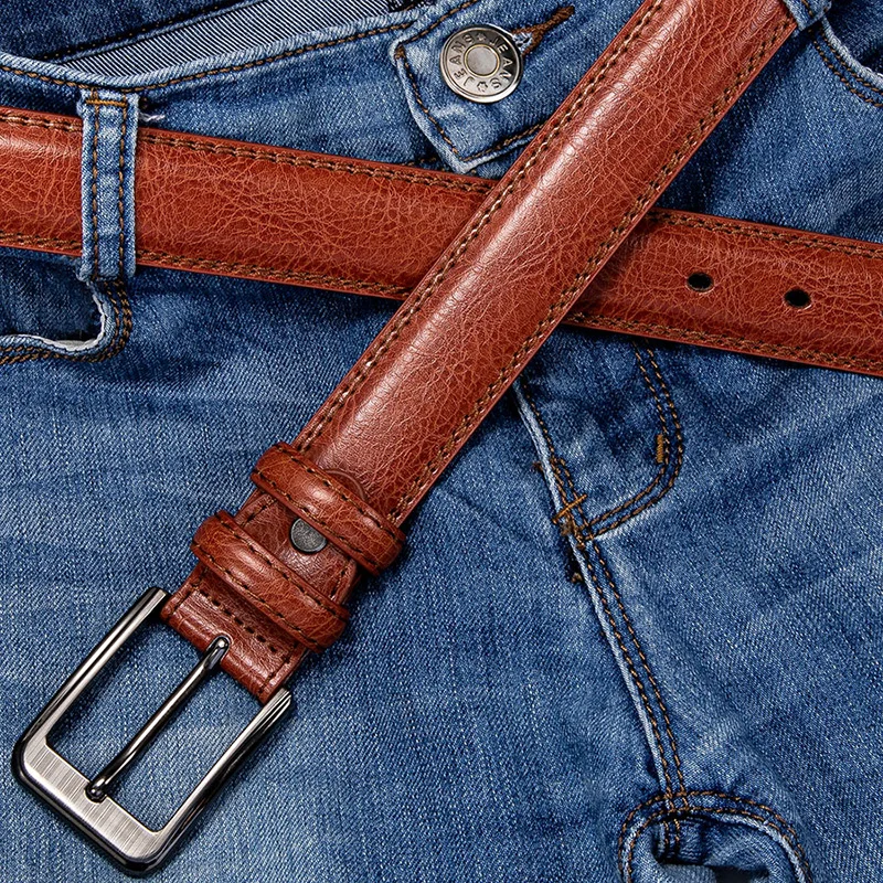 

Hi-Tie Genuine Leather Cowskin Beltsfor Men 3.3cm Slim Thin Belt Metal Pin Buckle Vintage Casual Cowboy Jeans Belt Fashion Brown