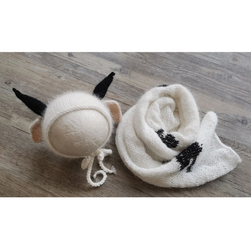 

2021 New 2 Pcs Infants Mink Fur Cute Cow Ear Hat Wrap Set Baby Blanket Beanie Cap Kit Newborn Photography Props Photo Shooting