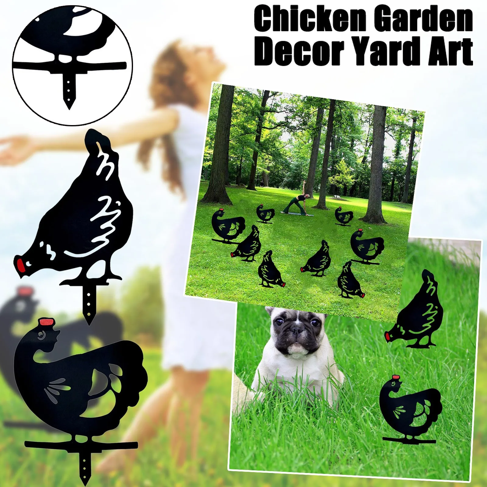 

2pc Garden Yard Chicken Silhouette Decor Outdoor Backyard Lawn Metal Hen Cockerel Stakes Art Rooster Statues Sculptures Ornament