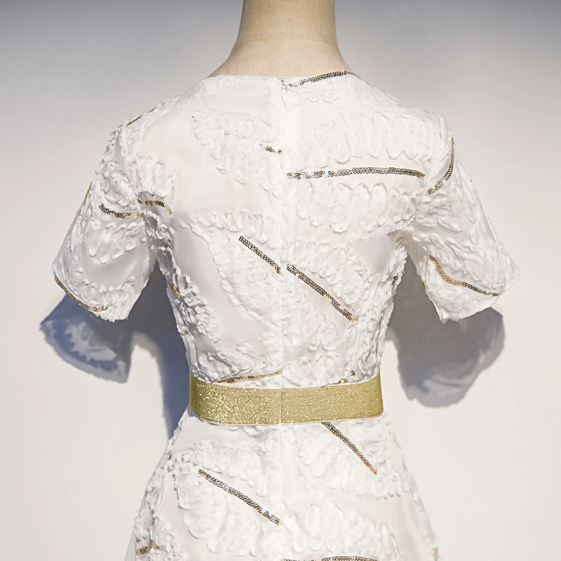 simple lace cocktail dress party sequins applique zipper back gold belt short sleeve o neck vestidos coctel new | Свадьбы и
