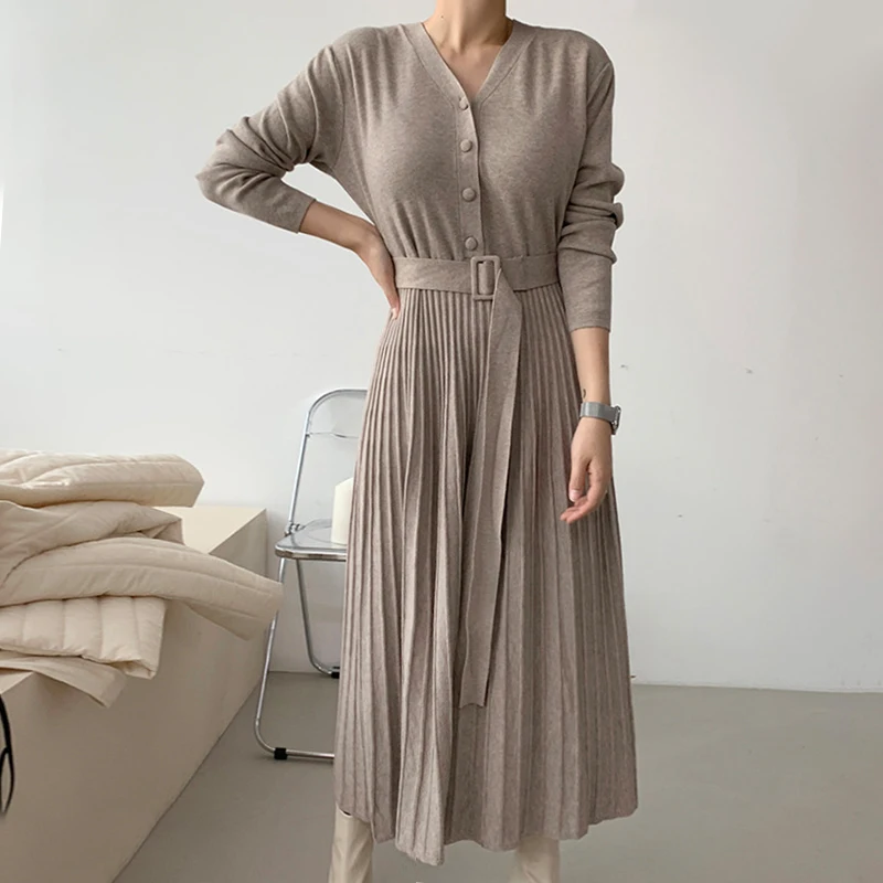 

2021 Winter Women Knitted Dresses Ladies Office Casual V-neck Slim Pleated Full Sleeves Swing Dress Vestidos De Fiesta