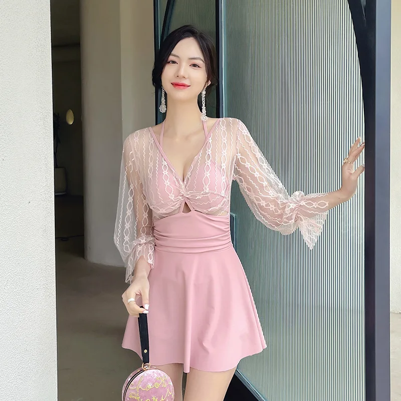 

2021 Skirted One Piece Swimsuit Women Solid Swimwear Beachwear Hollow Lace Skirt Swim Suit Korea Style ong Sleeve Bathing Suit