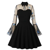 embroidery women party dress black flare long sleeve valentines sundress butterfly retro 60s gothic costume midi swing dresses