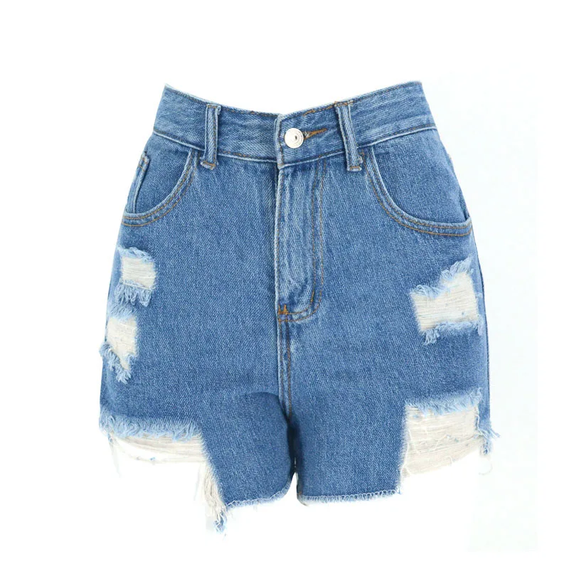 

Ripped Women's Jeans Shorts High Waisted 2021 Summer Raw Edge Hem Hot Pants Blue Hollow Out Bleached Wide Leg Streetwear Denim